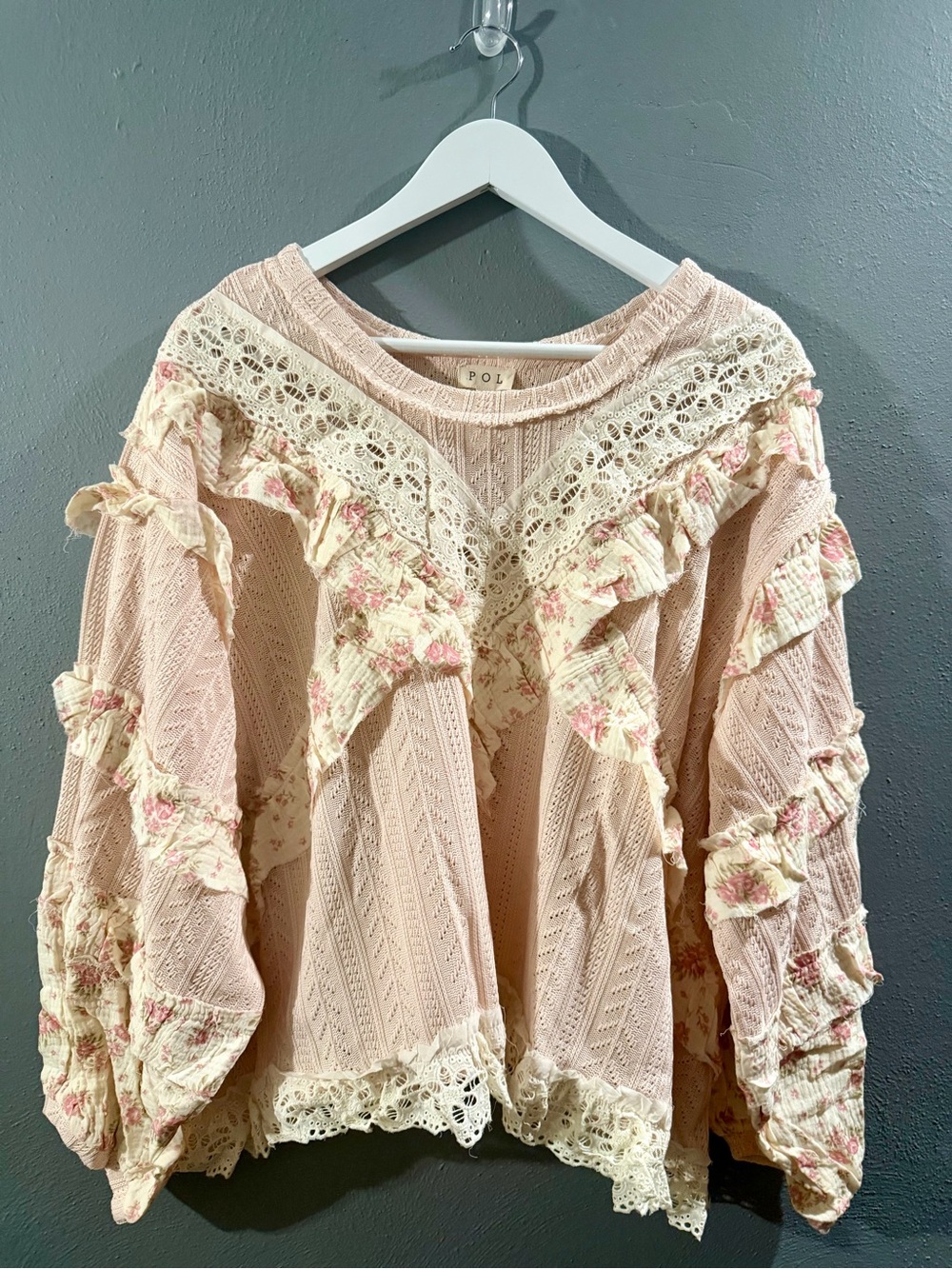 NWOT. POL Cream-Trim Blush Pink Ruffled Peasant Sweater